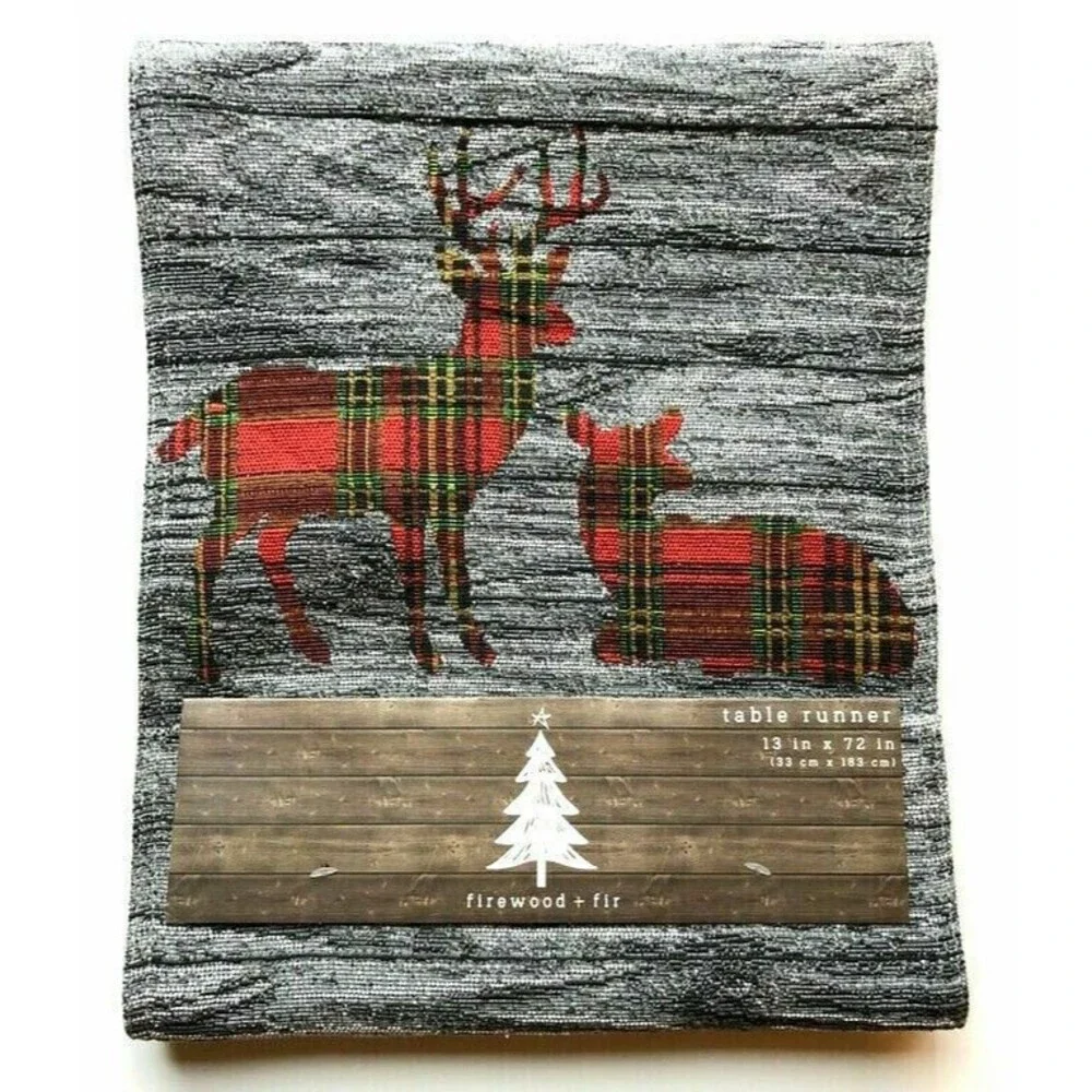 Christmas Reindeer Plaid Table Runner Tapestry Deer Rustic Cabin 13x72